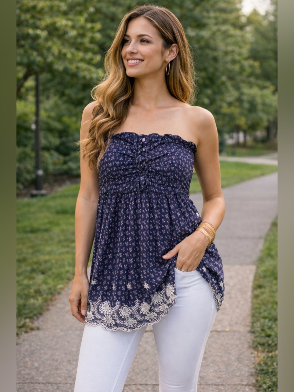 Have & Have Large Navy Floral Strapless Tunic Top Prairie Fairy Boho